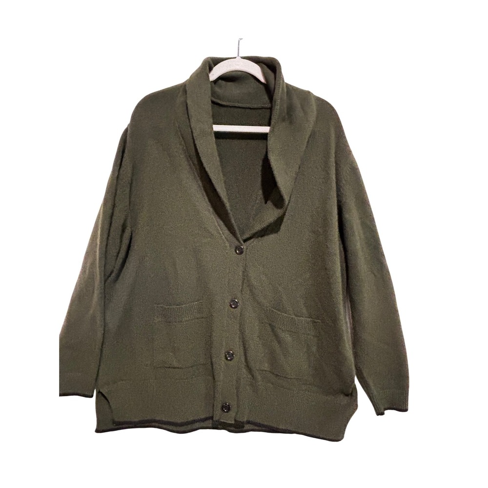 BLOOMCHIC Olive Green Shawl‎ Collar Cardigan Sweater Pocket Button sz 18-20 work